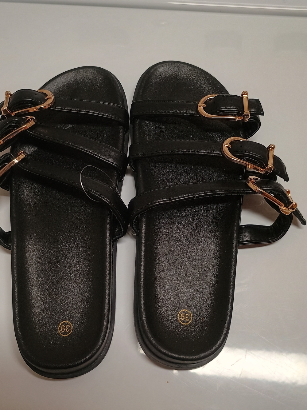 NY Collection Black Slide Sandals with Gold Buckles